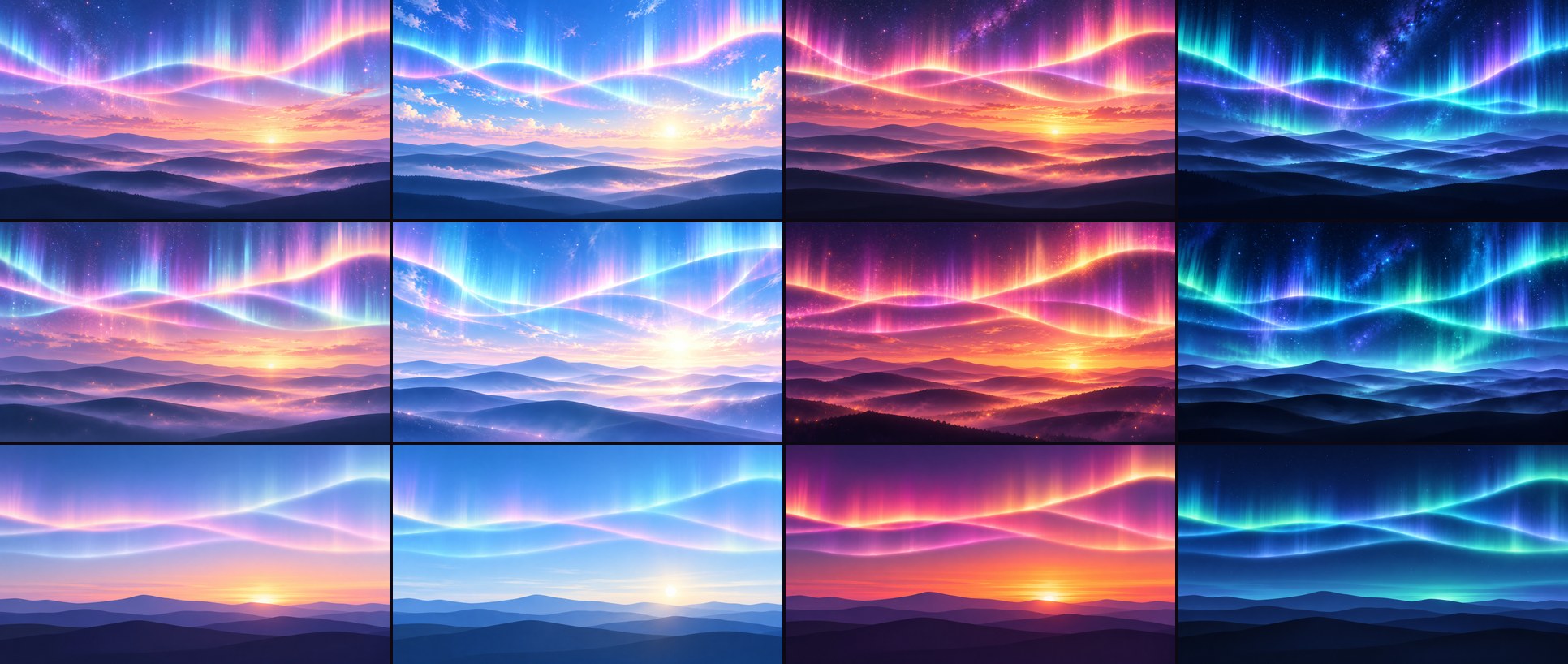 The Starfall, Veil and Horizon wallpapers at dawn, day, dusk and night