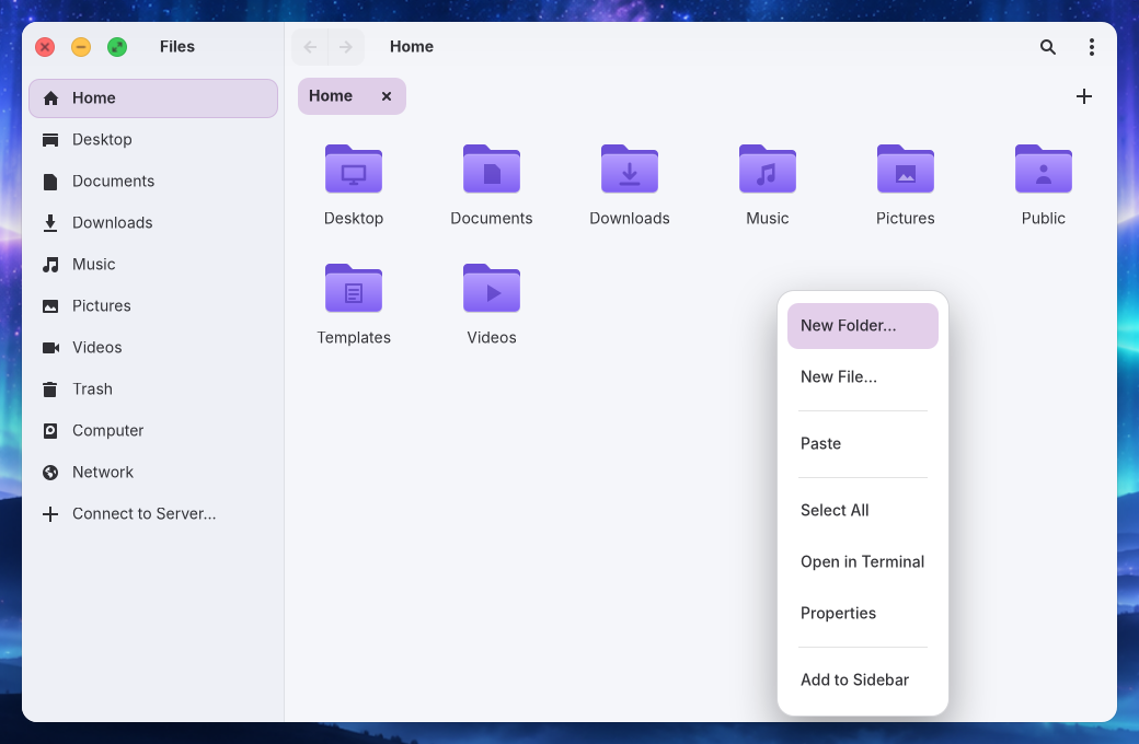 Files context menu on empty space