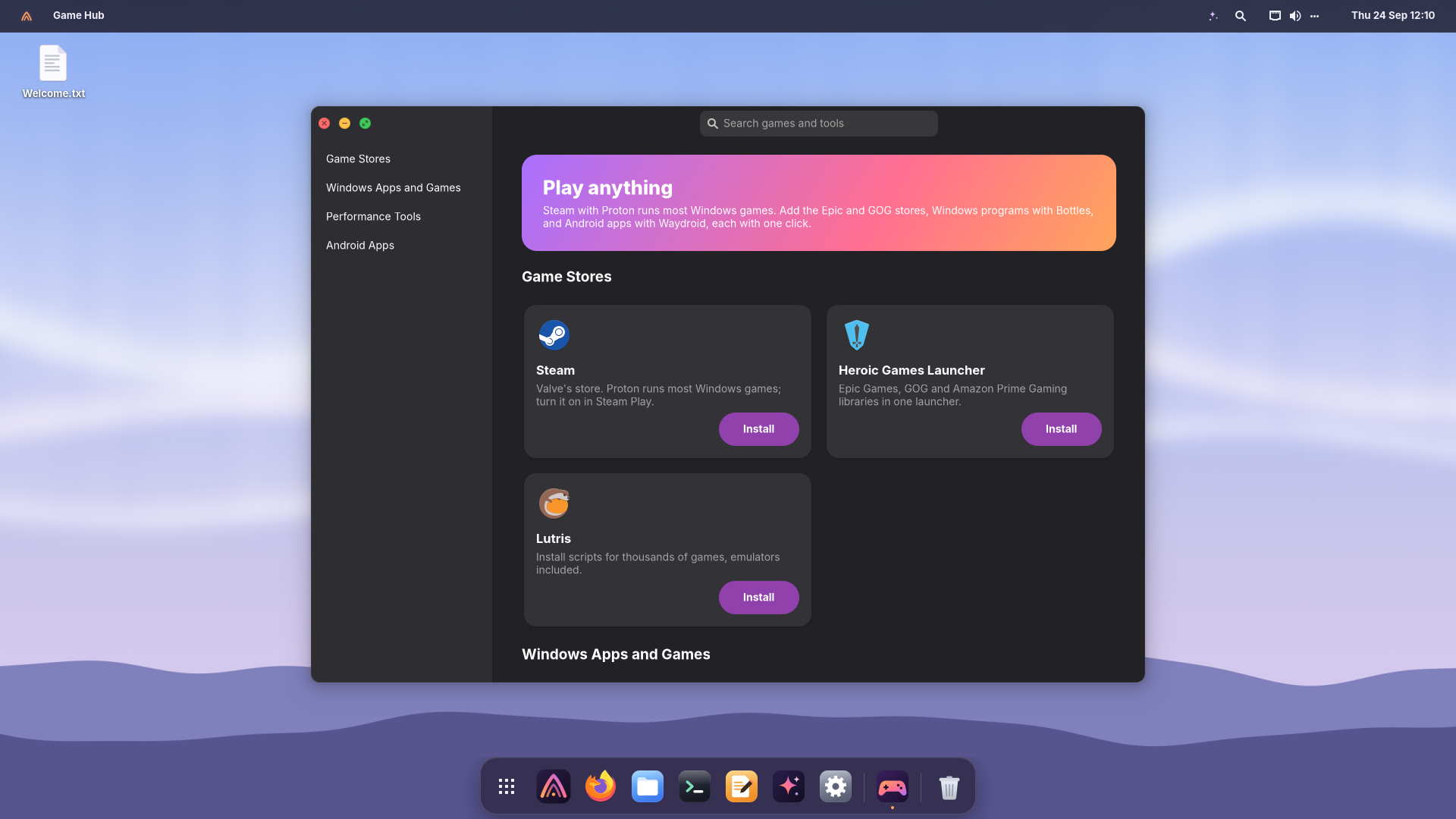 Game Hub with Steam, Heroic, Lutris, Bottles and Waydroid