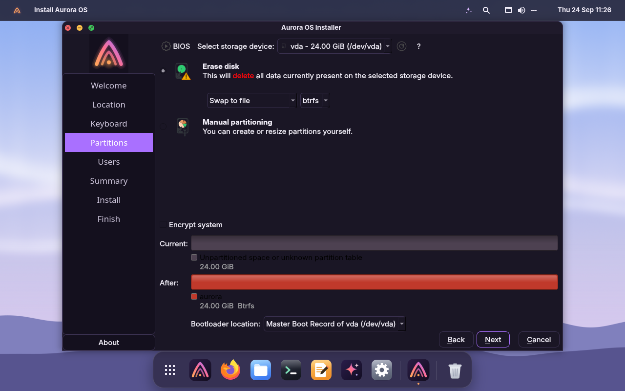 The installer's disk page: erase disk, btrfs