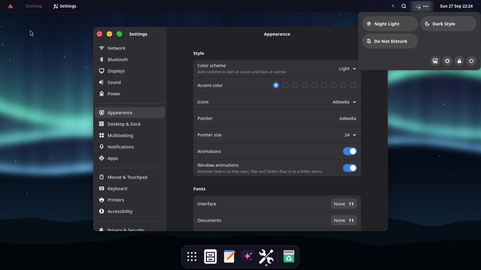 Appearance settings: style, accent color, fonts