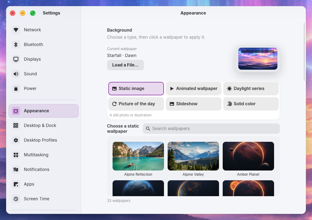 Appearance with Static image selected and the wallpaper gallery below