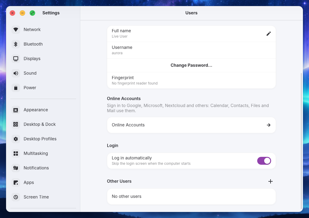 Users settings scrolled to Login and Other Users