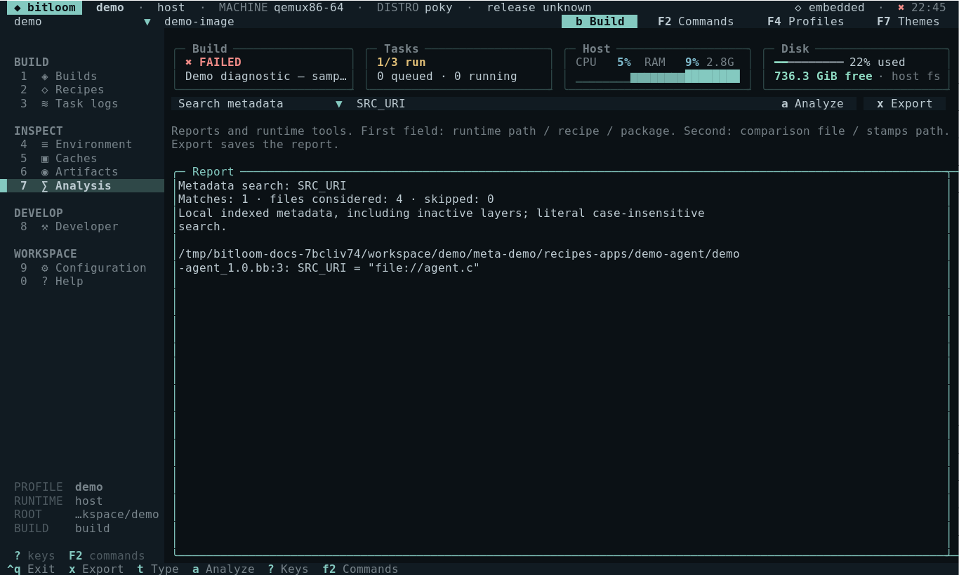 Analysis panel searching metadata content with file paths and line numbers
