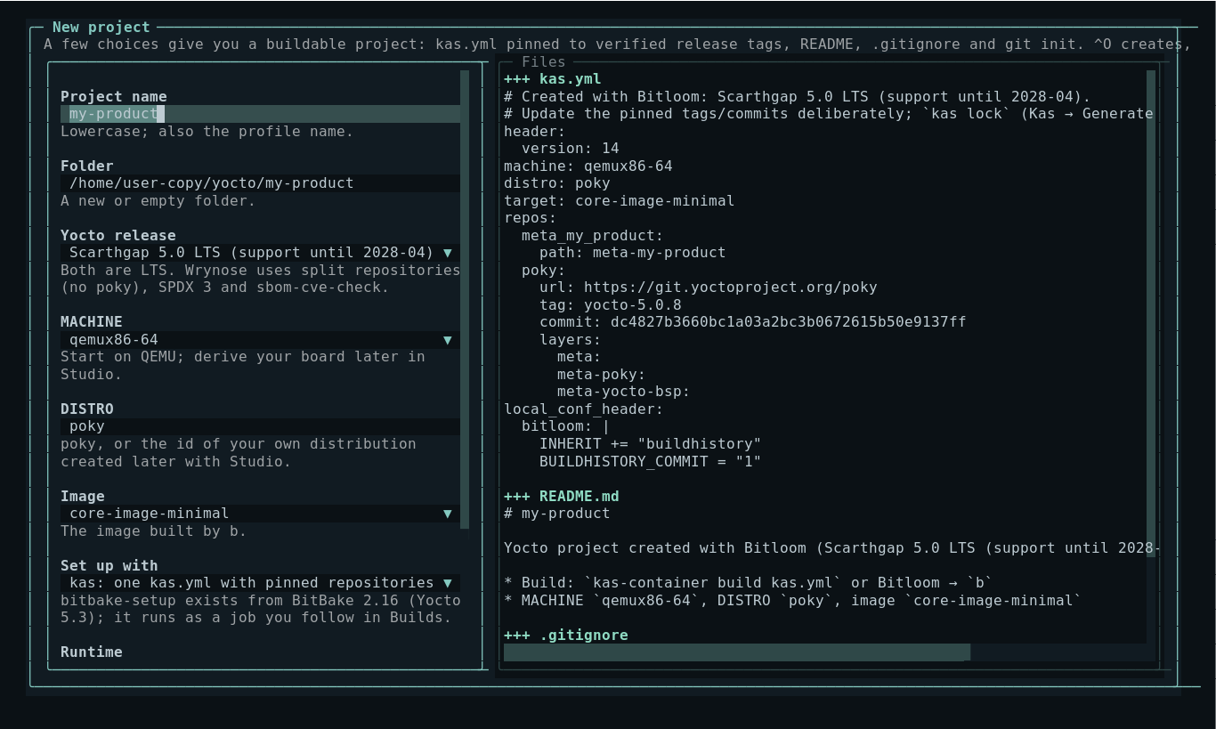 New project form with the generated kas.yml