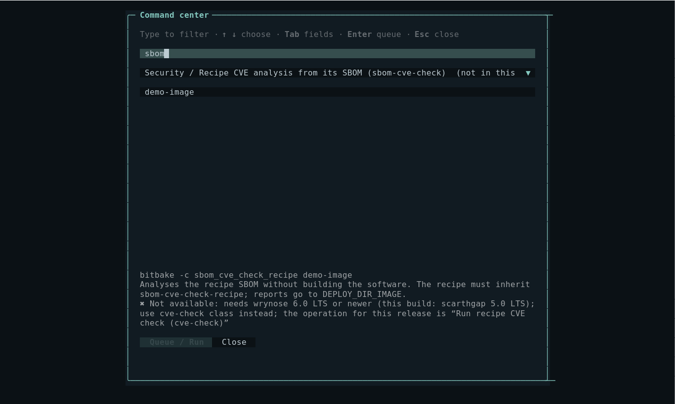 Command center on Scarthgap explaining that sbom-cve-check needs Wrynose