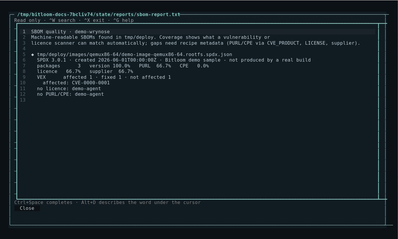SBOM quality of the Wrynose sample workspace