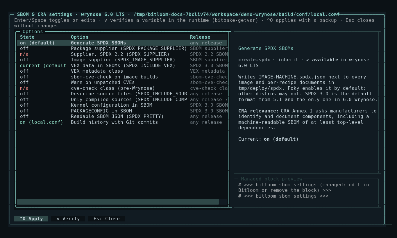 SBOM settings with explanations and release windows