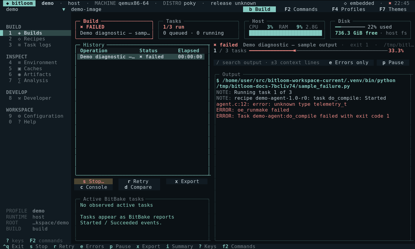 Animated tour of builds, logs, metadata, caches, health, commands and profiles