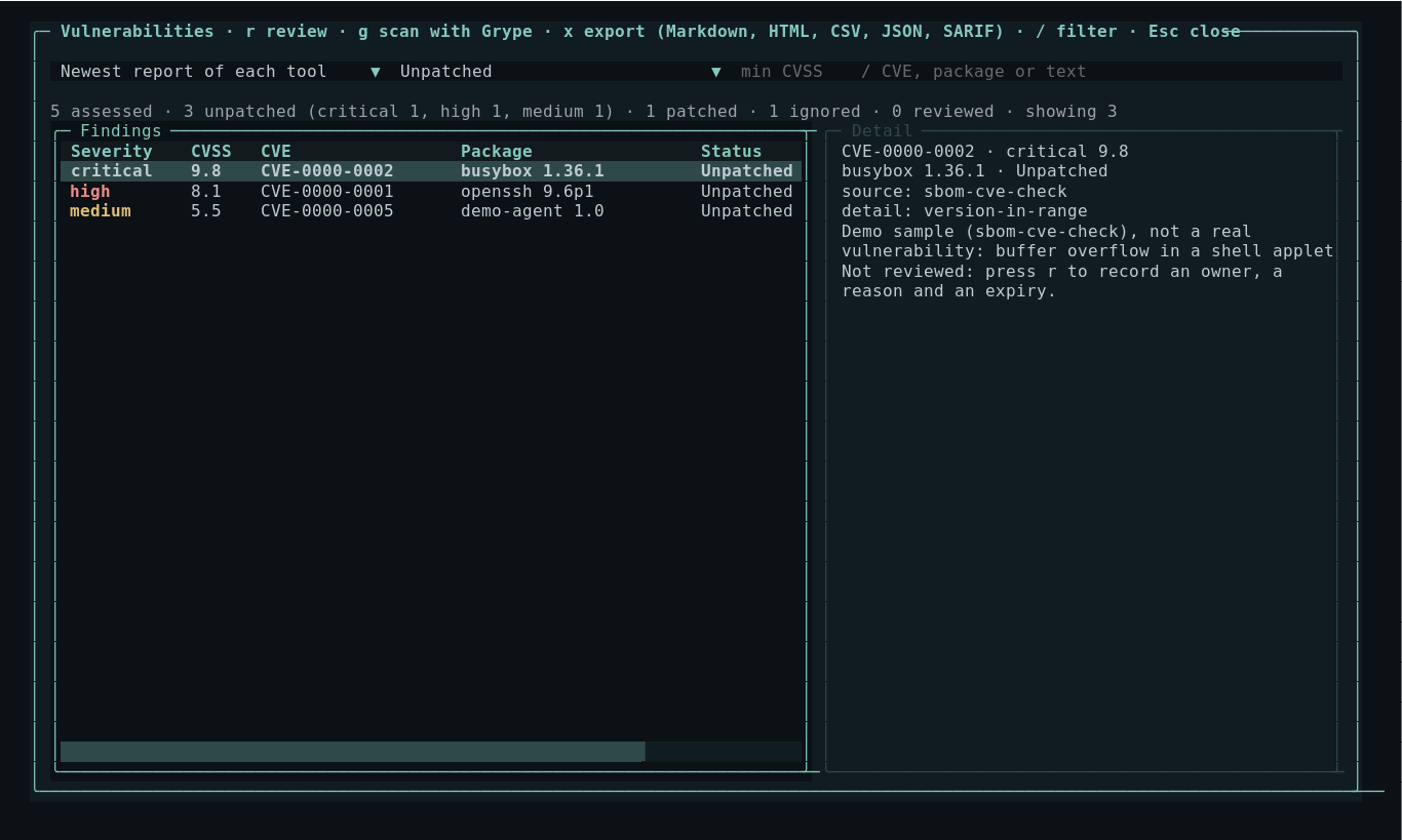 Vulnerabilities with severity, status and detail