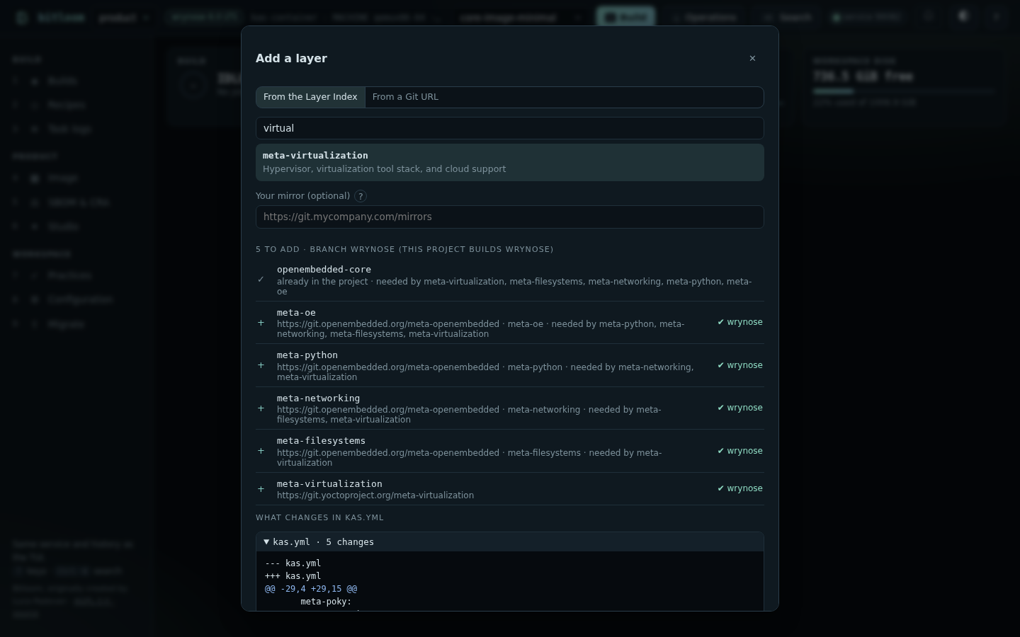 Add a layer: meta-virtualization and its dependencies on Wrynose, and the change to the kas file
