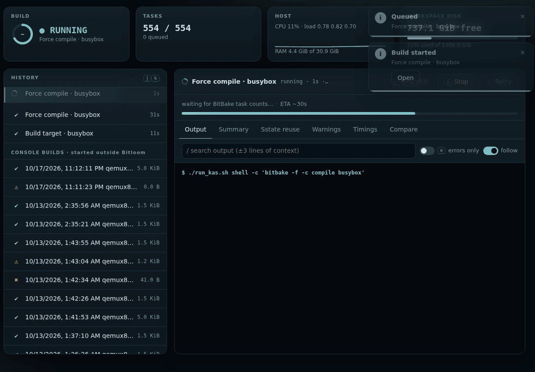 A real force compile of busybox followed live, then its summary