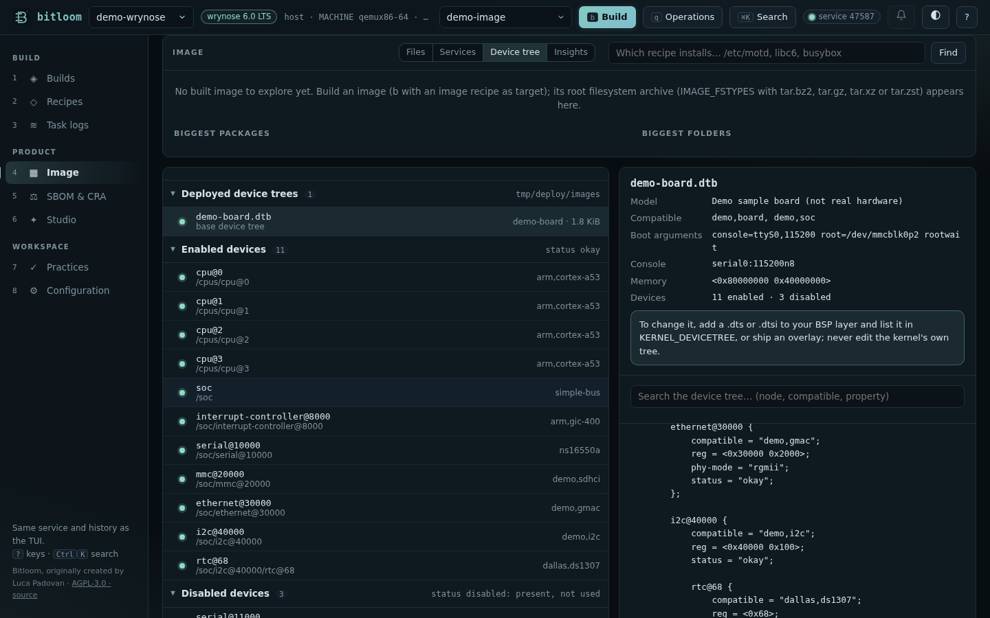 The device tree of the demo board: enabled and disabled devices, the DTS with search