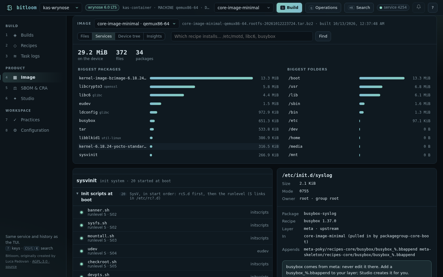 Services of a real Wrynose core-image-minimal: init scripts in boot order, the selected script and its recipe