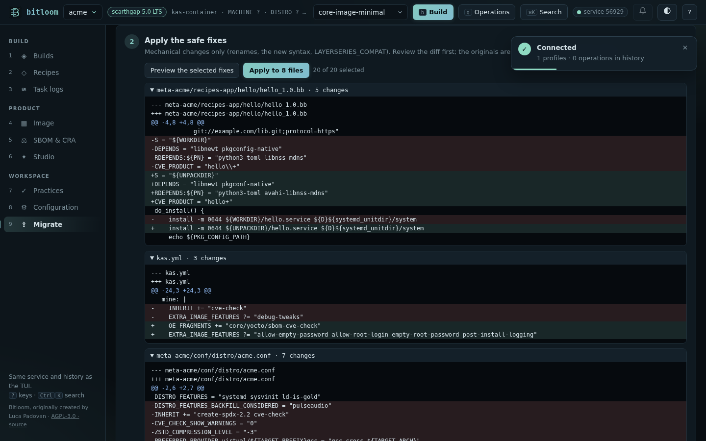 Step 2: the diffs of the selected fixes, before anything is written