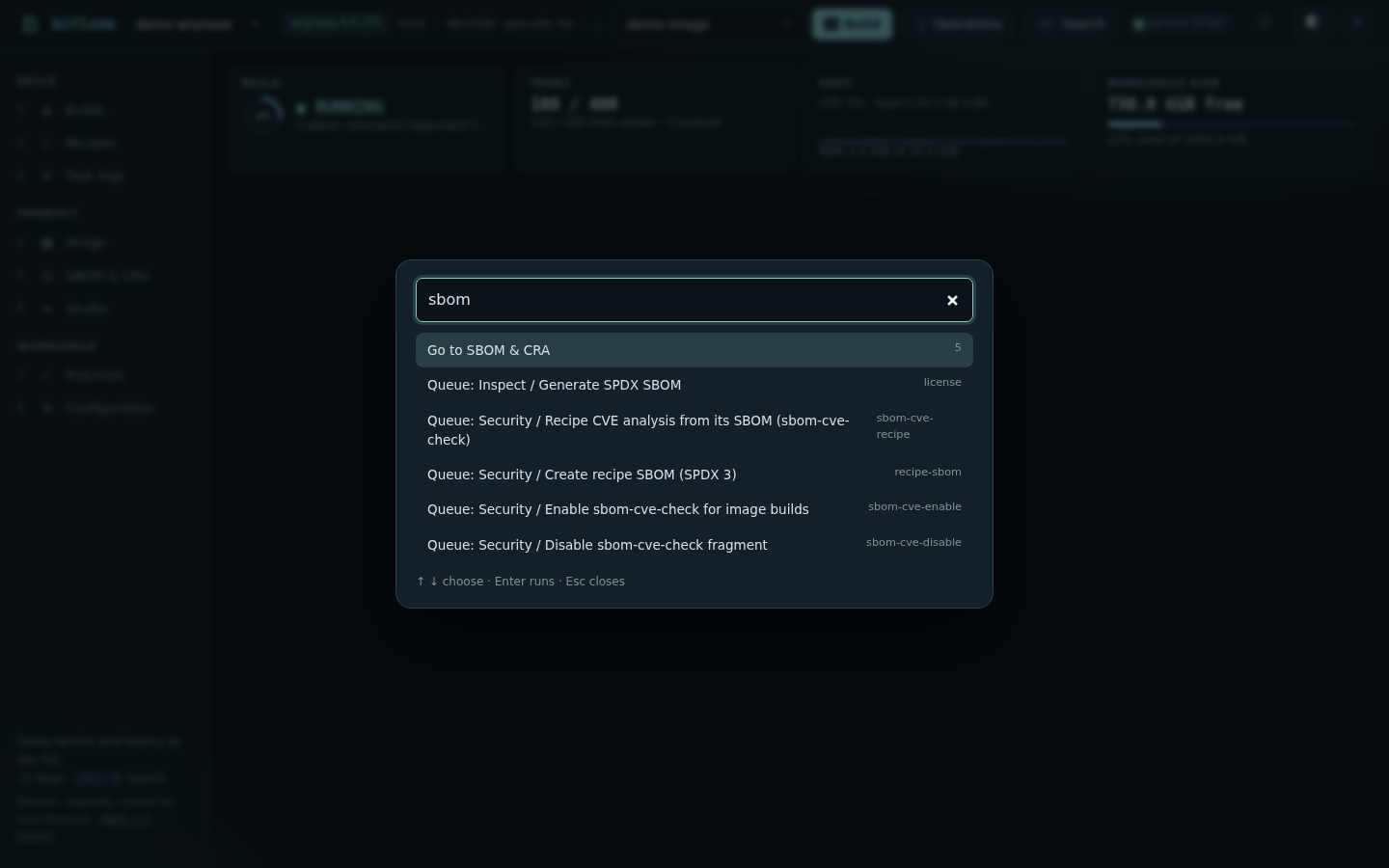 Command palette filtered for SBOM operations