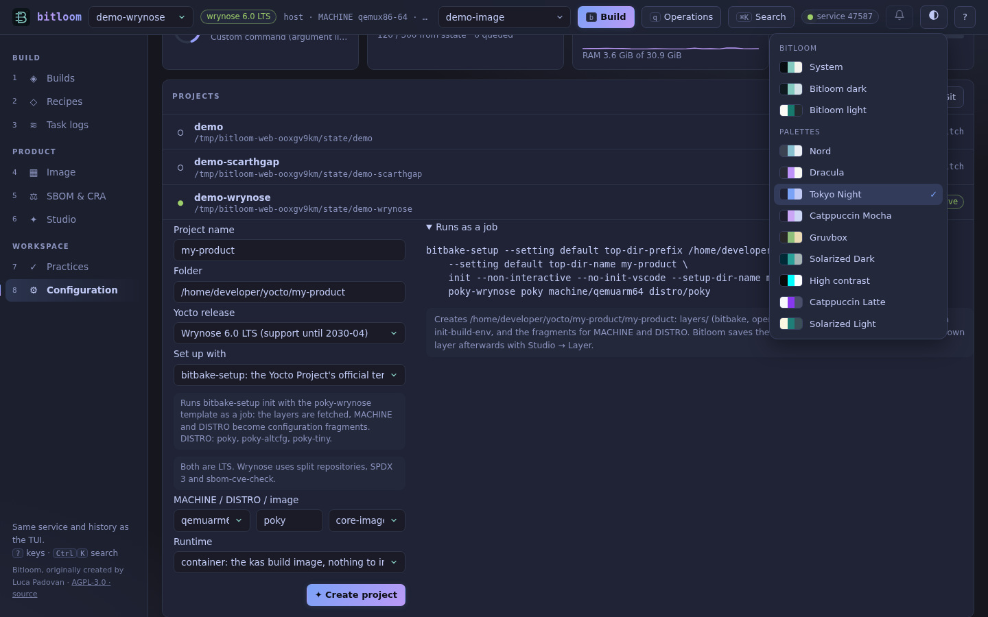 The theme menu with Tokyo Night applied