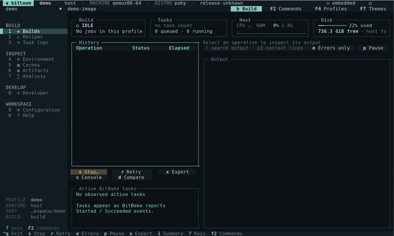 Actual Bitloom terminal interface showing the idle demo workspace
