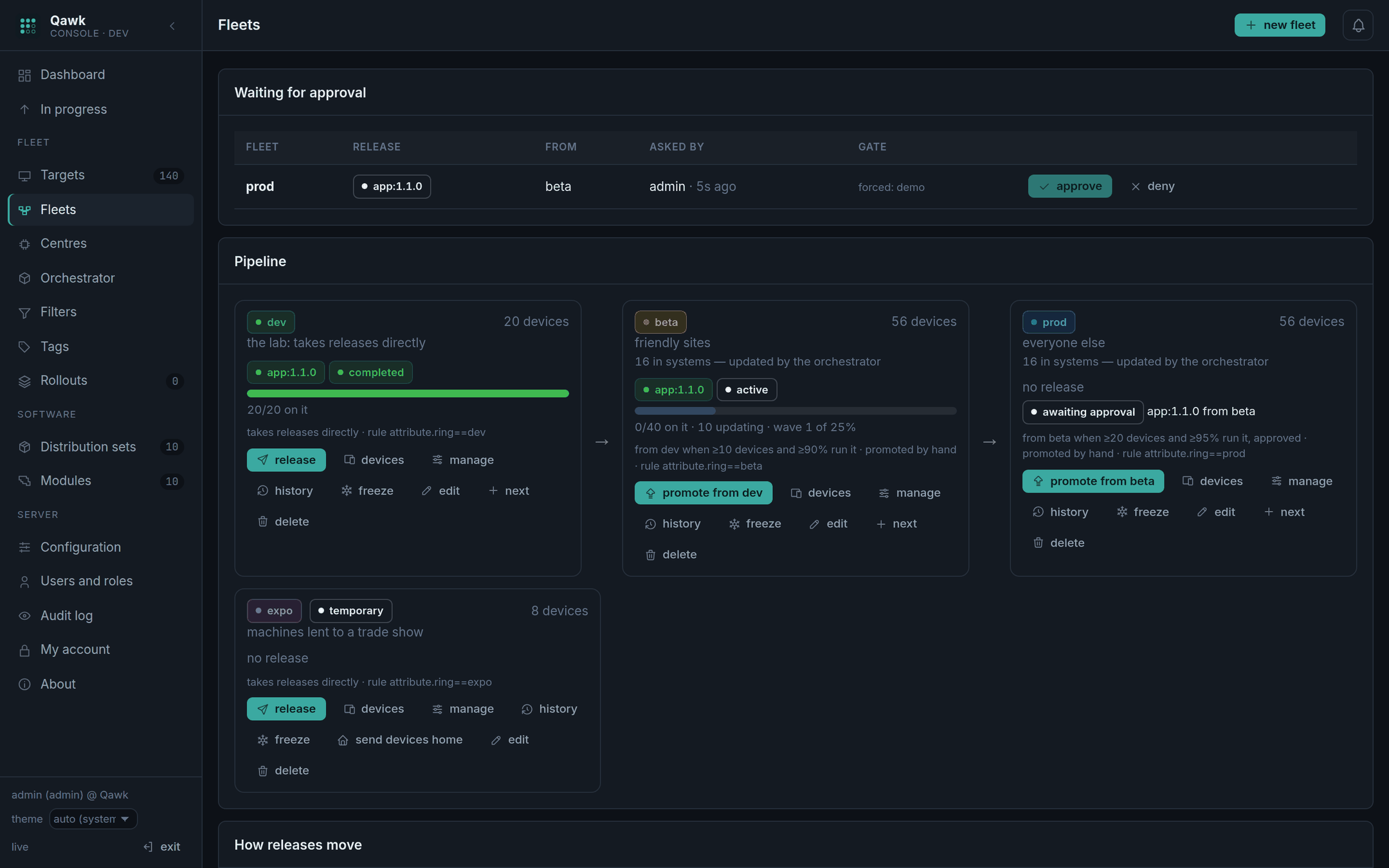 The Fleets screen showing the dev, beta and prod pipeline as cards, each with its release, progress bar and buttons.