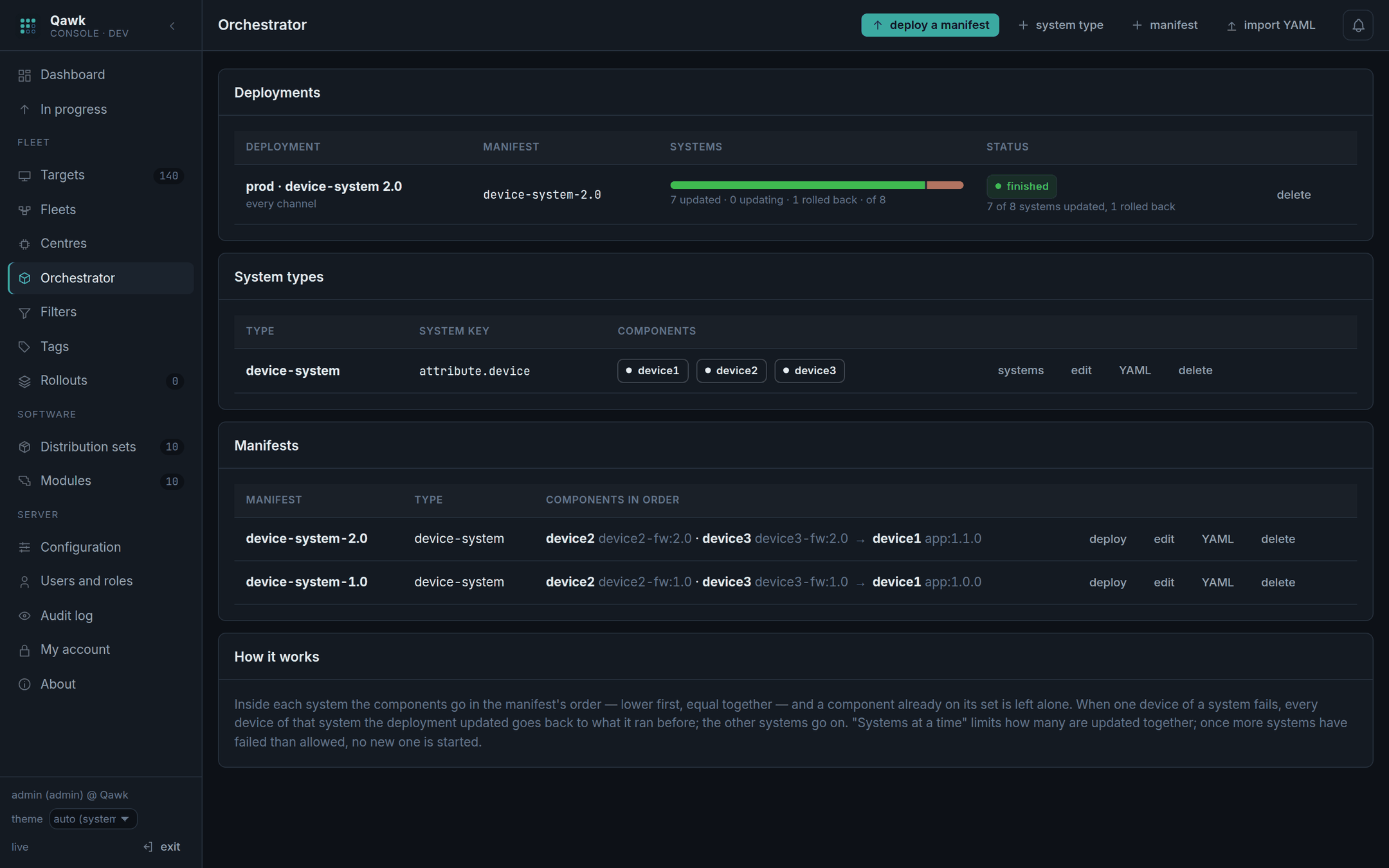 The Orchestrator screen: deployments, system types and manifests, each in its own table.