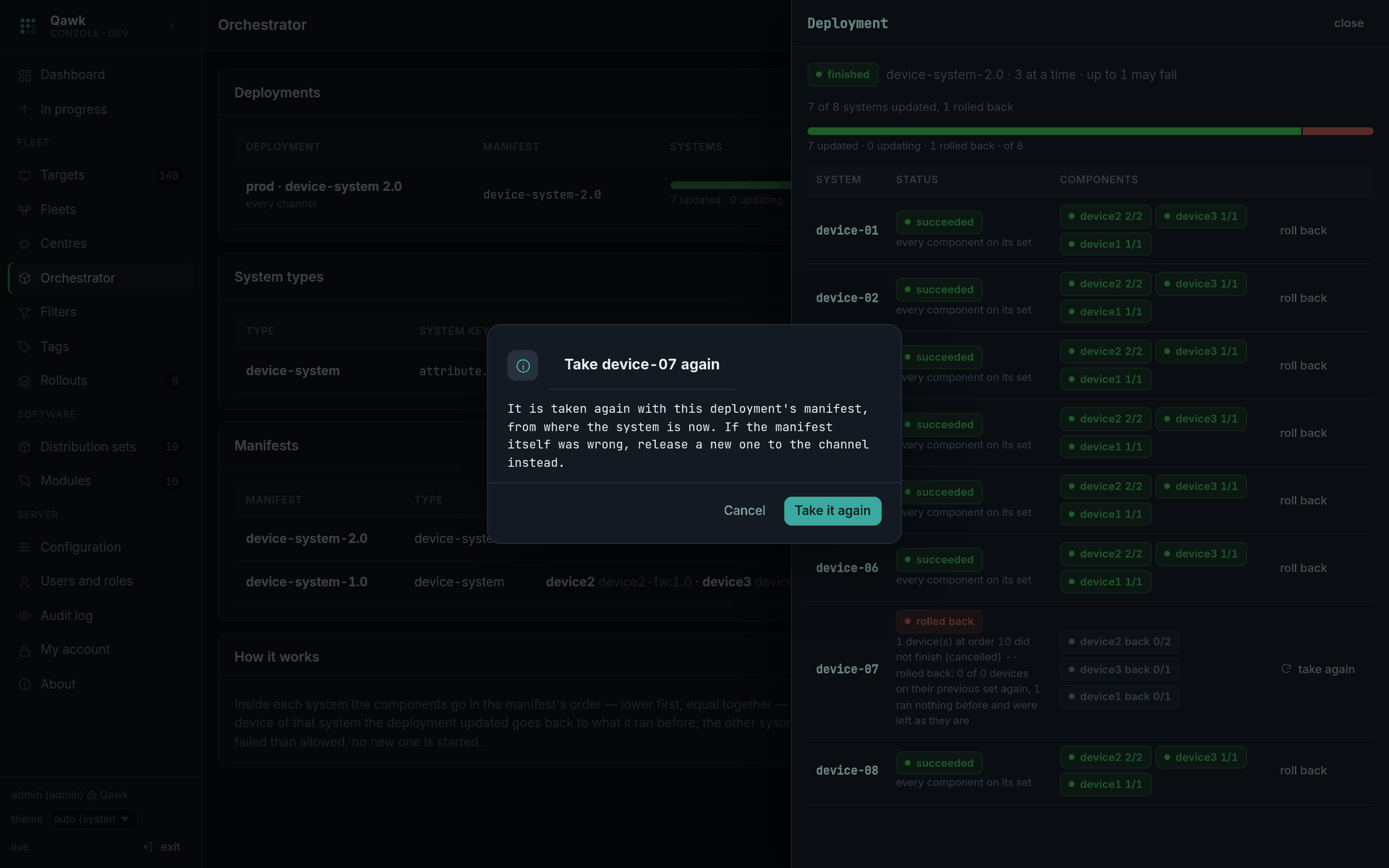The confirmation dialog for taking a system again, explaining that it uses this deployment's manifest, from where the system is now.